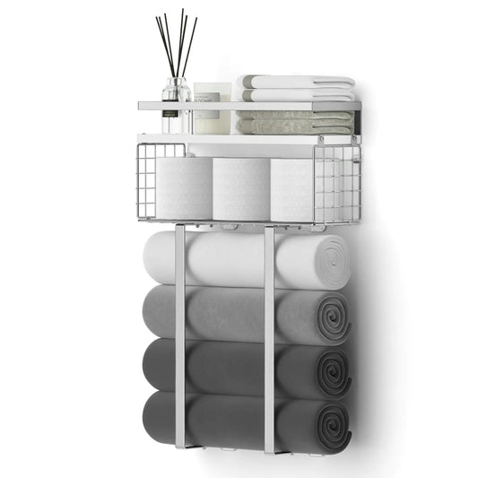 Towel Racks for Bathroom Bathroom Shelf Over Toilet Floating Shelves with Towel Rack Paper Holder Storage BasketFloating Shelves for Wall DecorSilver